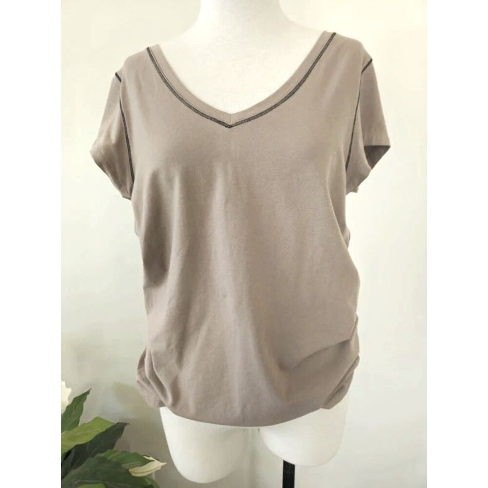 Cynthia Rowley Tan V-Neck T-Shirt Brown Piping Ruched Hem XL NWT